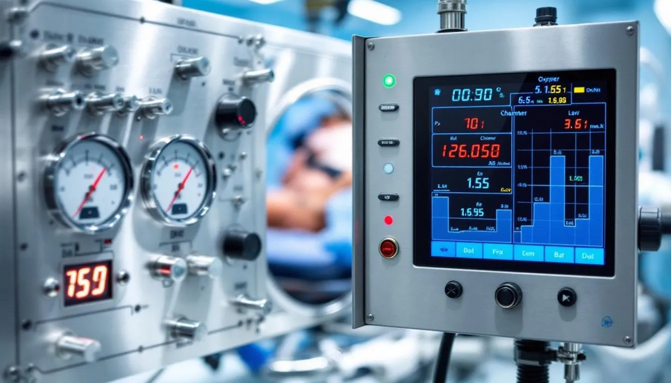 The image features a control panel of the oxyrevo apex36 1.5 ata portable hyperbaric chamber, displaying dual pressure gauges and a pressure adjustment converter, which ensure that pressure readings remain consistent during hyperbaric oxygen therapy. The aviation grade pressure gauges are set against a backdrop of various control buttons and indicators, highlighting the chamber's advanced technology for safe and effective treatment.