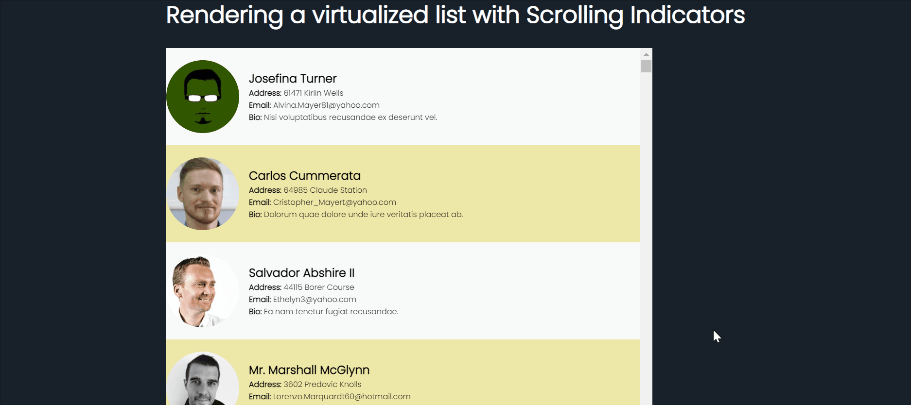 Rendering virtualized list with scroll indicators