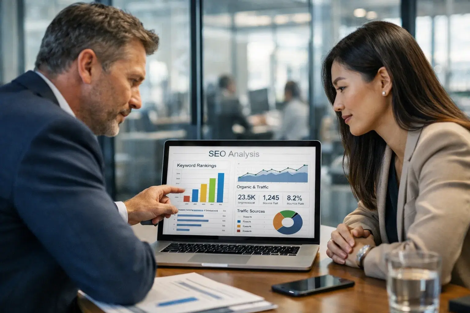 Business meeting discussing SEO strategy for financial services companies