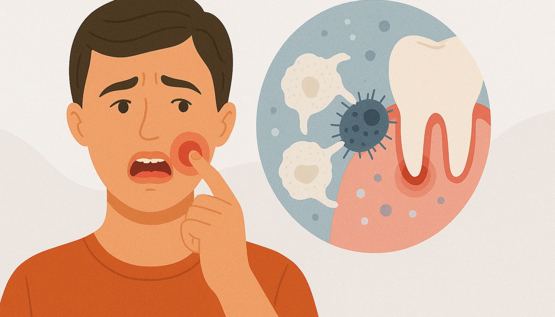 Mann med tanninfeksjon viser smerte, immunceller angriper bakterier rundt tann i illustrert nærbilde.