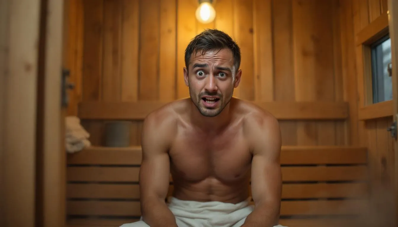 The image depicts a sauna room with visible signs of discomfort due to poor ventilation, showing stale air and excessive humidity. Proper ventilation is crucial for maintaining air quality, ensuring fresh air circulation, and achieving even heat distribution during a sauna session.