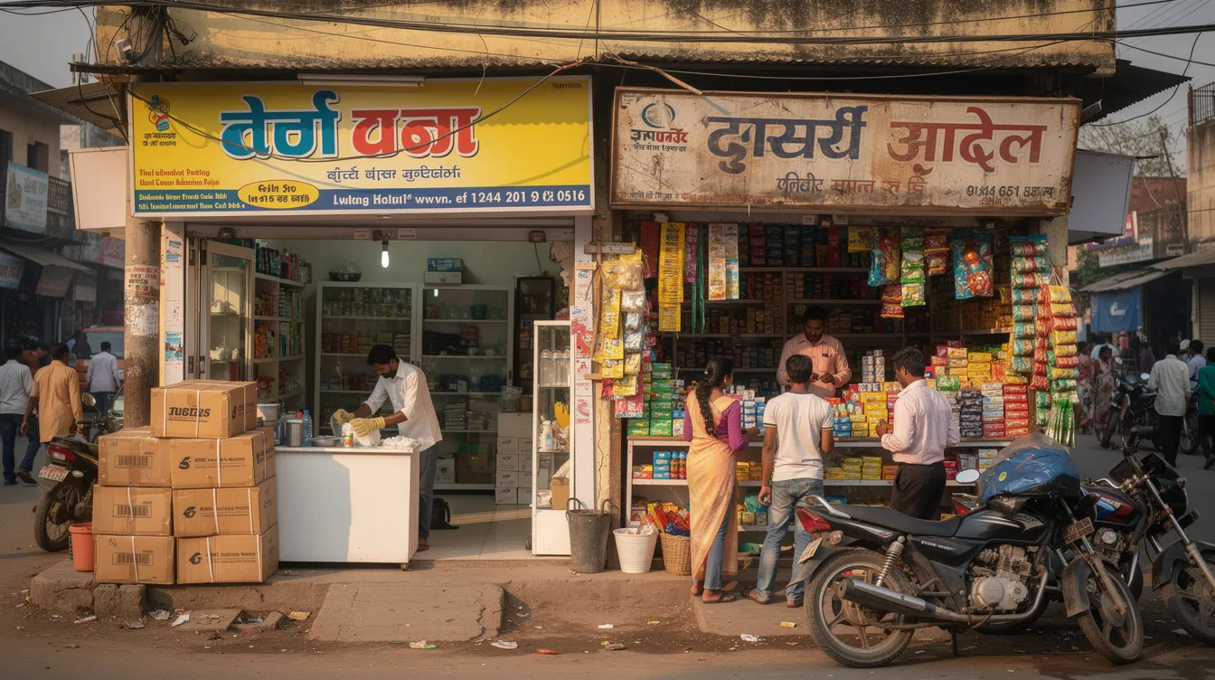 6c5a9284 7fb9 4f0b b5cb 25c130923422 The image shows two small retail shops side by side on a bustling Indian market street; one is freshly set up with a clean exterior and empty shelves, while the other is operational, filled with customers browsing products. This scene highlights the vibrant atmosphere of local businesses, essential for understanding the dynamics of new business ventures and their potential for receiving funding through government loan schemes or bank loans.