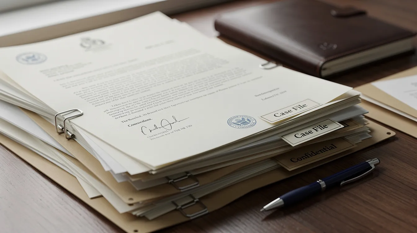 The image shows a stack of official government correspondence and legal documents neatly arranged on a desk, reflecting the trademark registration process. Among these papers are trademark applications, office actions, and responses that may involve legal arguments related to trademark law and potential refusals from the trademark office.