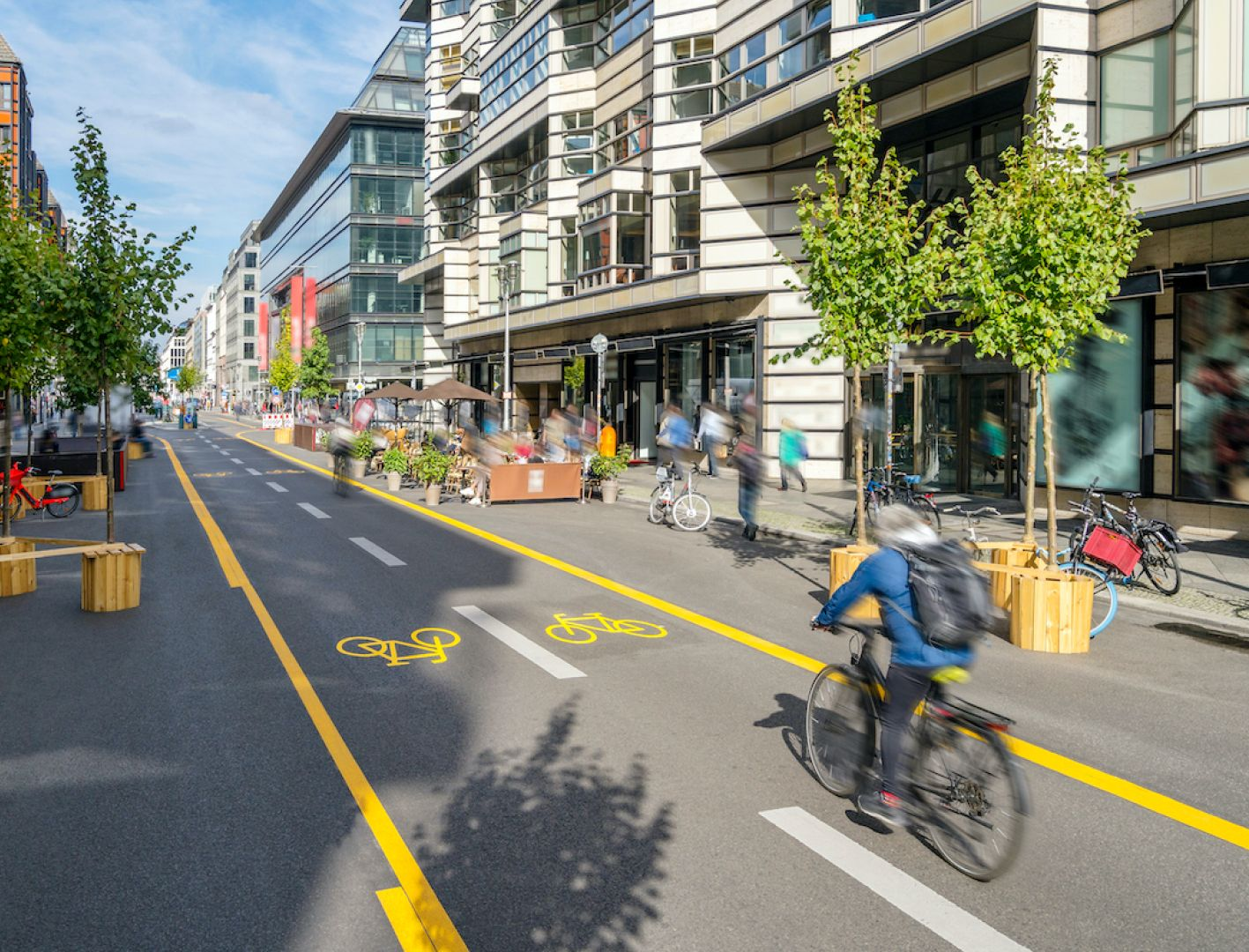 A futuristic city with developed bike lanes