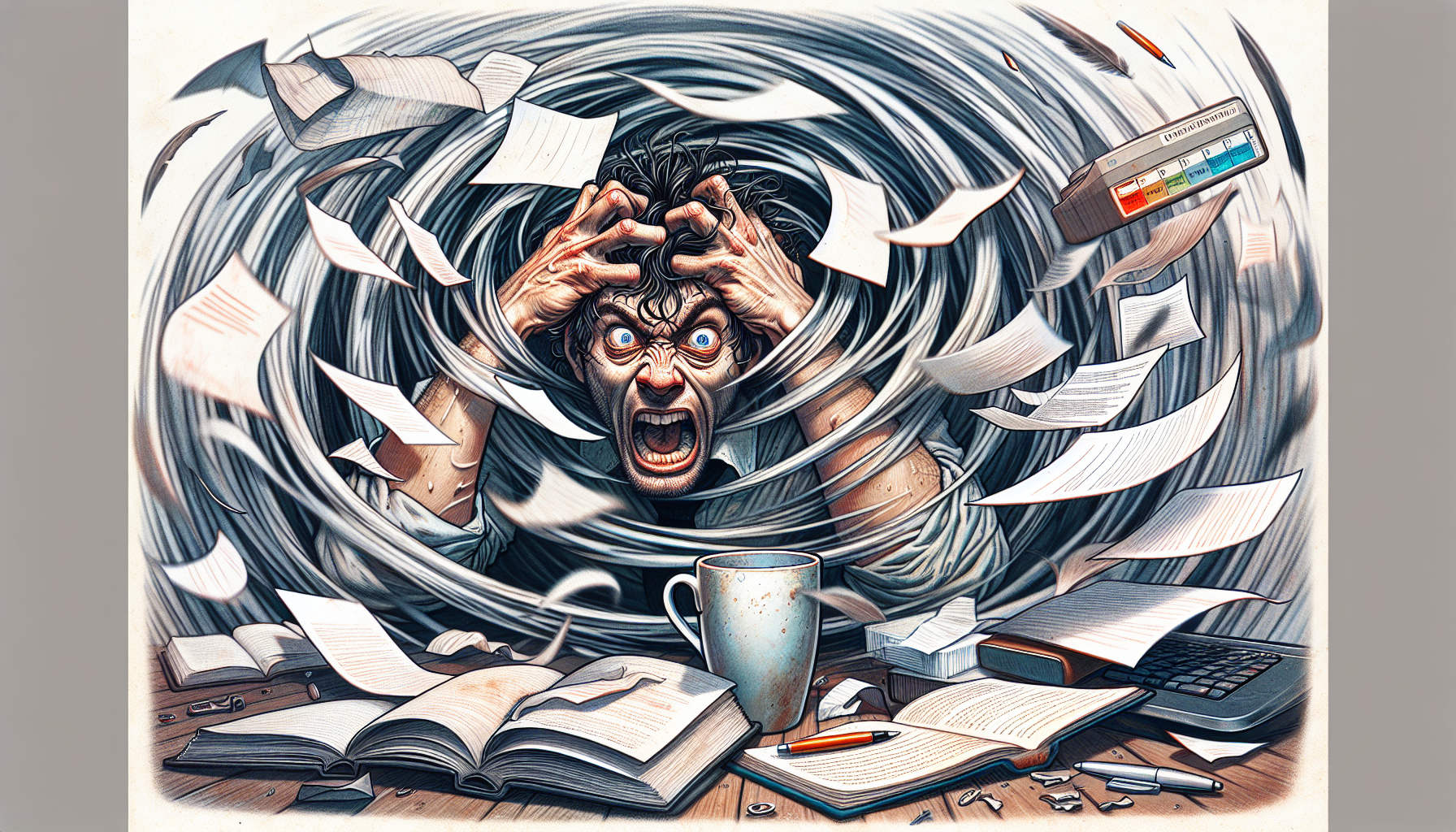 Illustration montrant une personne stressée entourée de tâches inachevées, illustrant l'impact de la procrastination sur la vie quotidienne