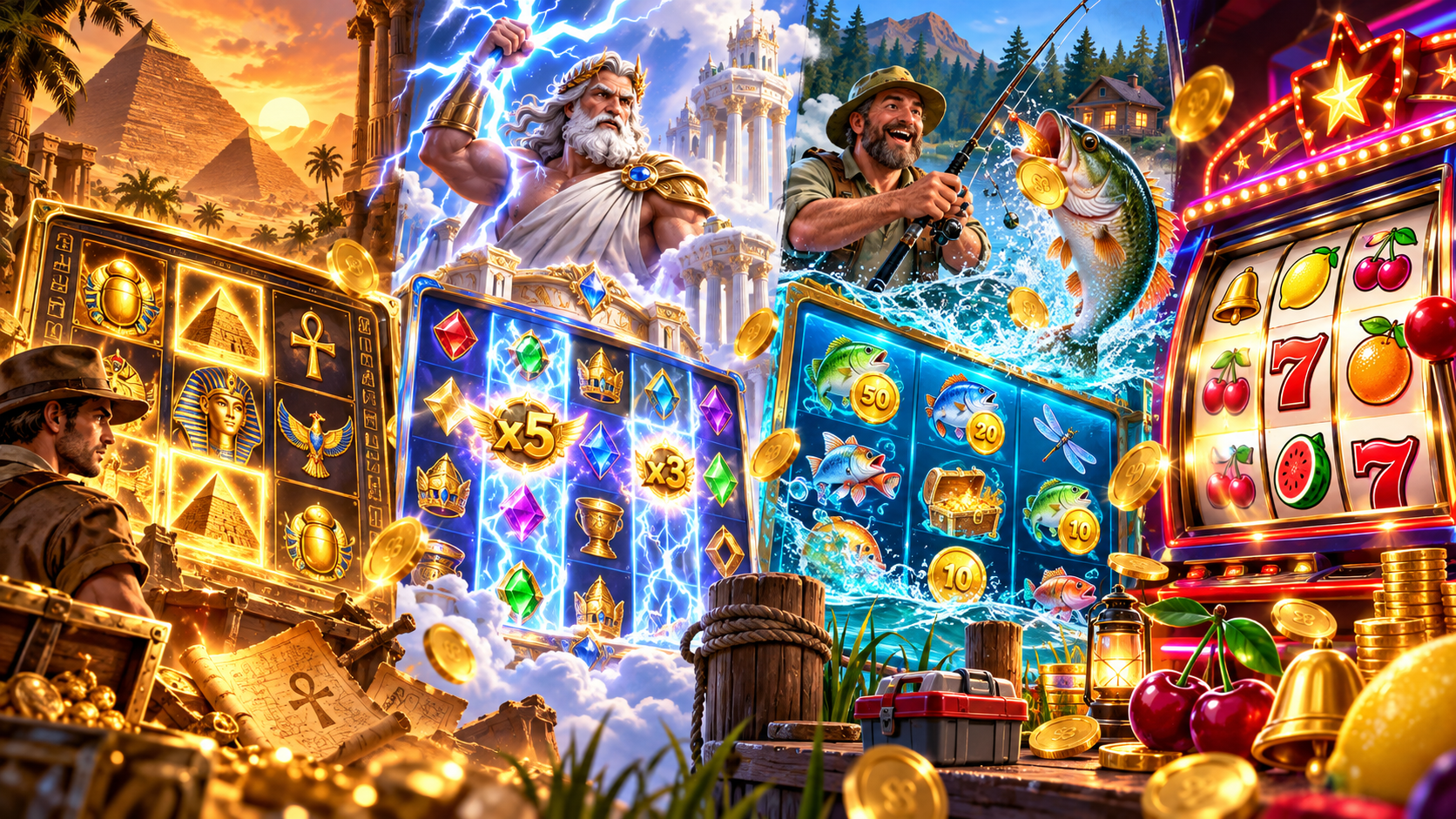 Illustratie van populaire online slots met thema's zoals Egypte, mythologie, vissen en klassieke fruitautomaten.