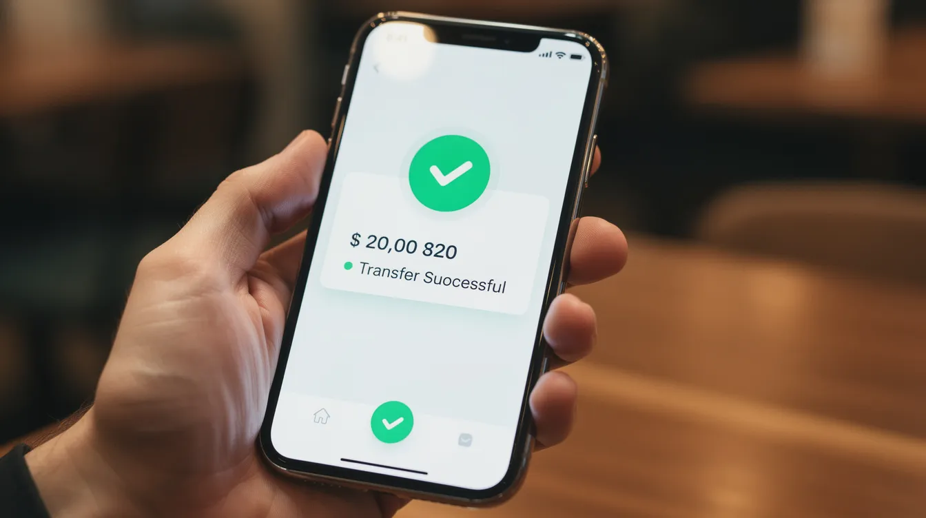 A person is holding a smartphone that shows a confirmation screen for a successful mobile money transfer, indicating the transaction has been completed using the Maya app. The screen includes details about the transfer, emphasizing the ease of sending money from a Maya account to a GCash account.