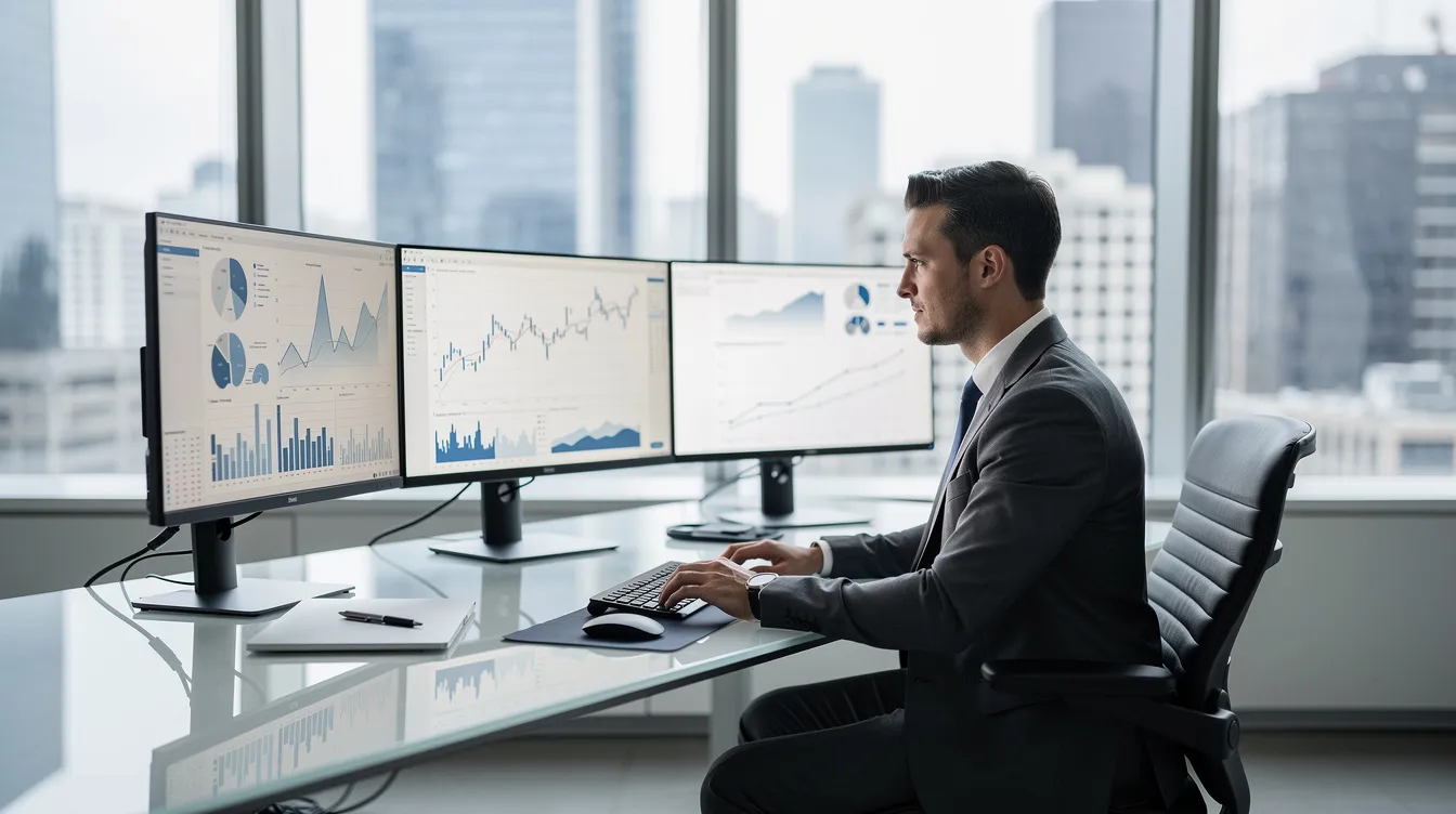 The image depicts a professional financial advisor at a modern office desk, surrounded by multiple computer monitors displaying various financial data and investment portfolios. This setting emphasizes the advisor's role in providing personalized wealth management services and investment guidance to high net worth clients.
