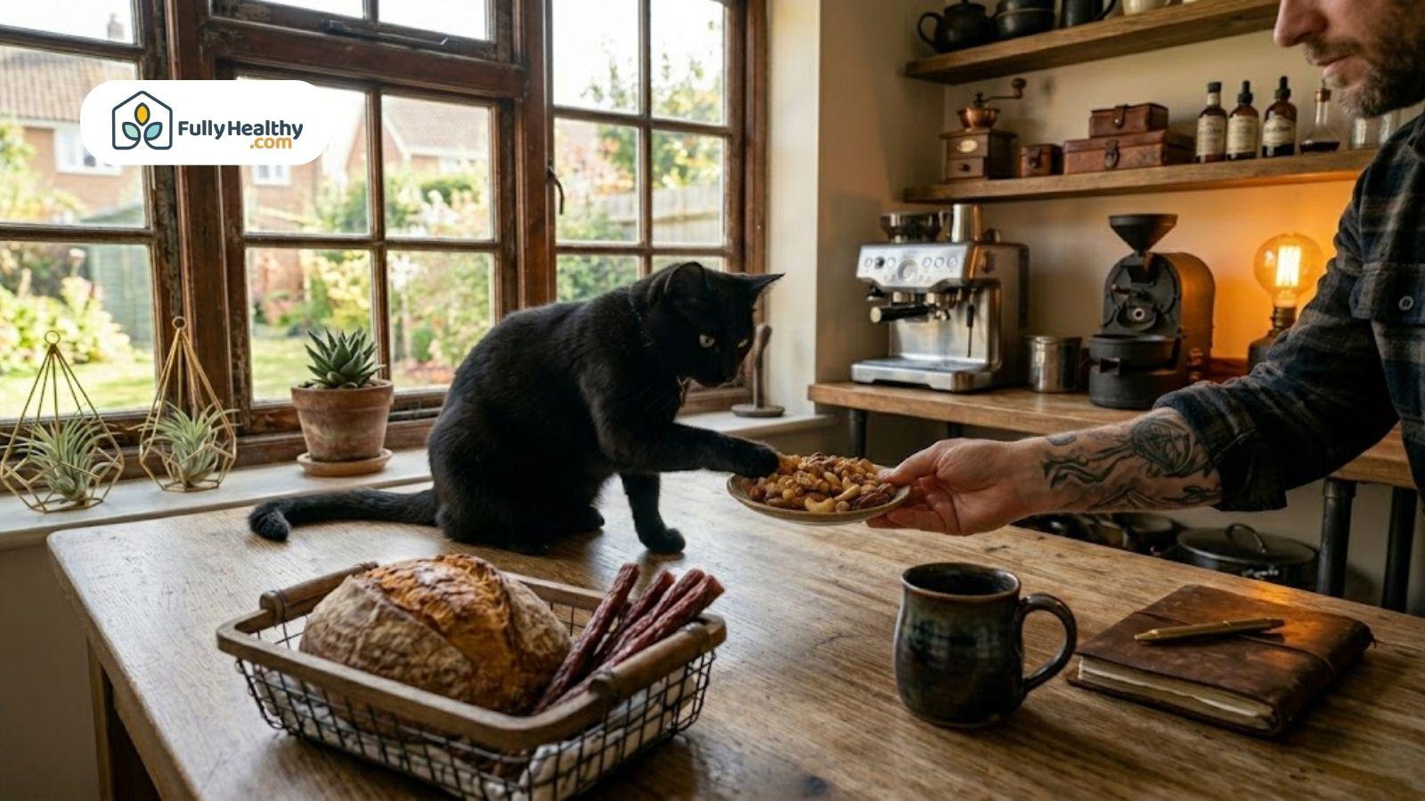 Black cat reaching toward a plate of mixed nuts on a kitchen table beside a person’s hand.