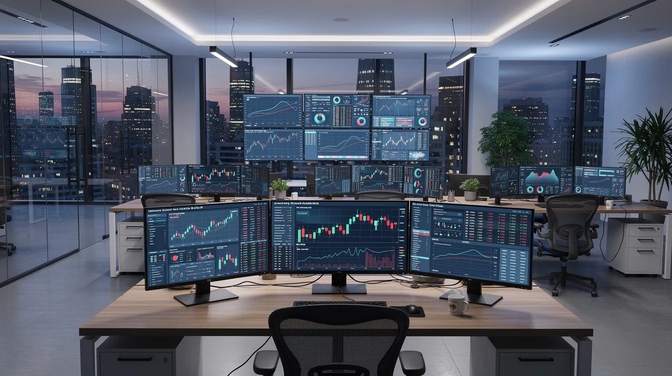 Nowoczesne biuro z wieloma ekranami, na których wyświetlane są wykresy finansowe oraz dashboardy analityczne, ilustruje zastosowanie technologii AI w automatyzacji procesów księgowych. Pracownicy korzystają z narzędzi do analizy danych, co zwiększa efektywność operacyjną i oszczędność czasu w codziennej pracy księgowego.