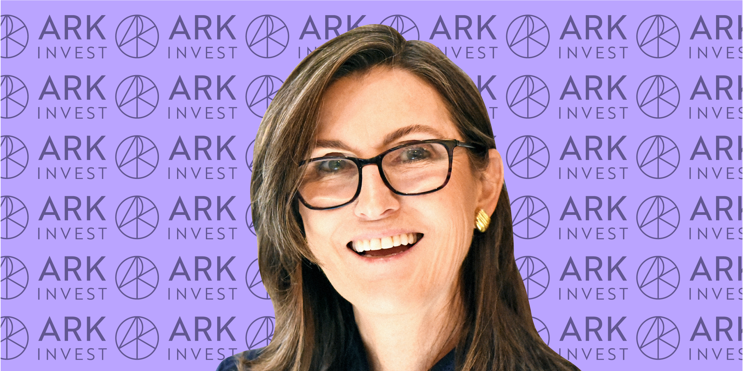 An image of Ark Invest CEO Cathie Wood with Ark logos in background. 