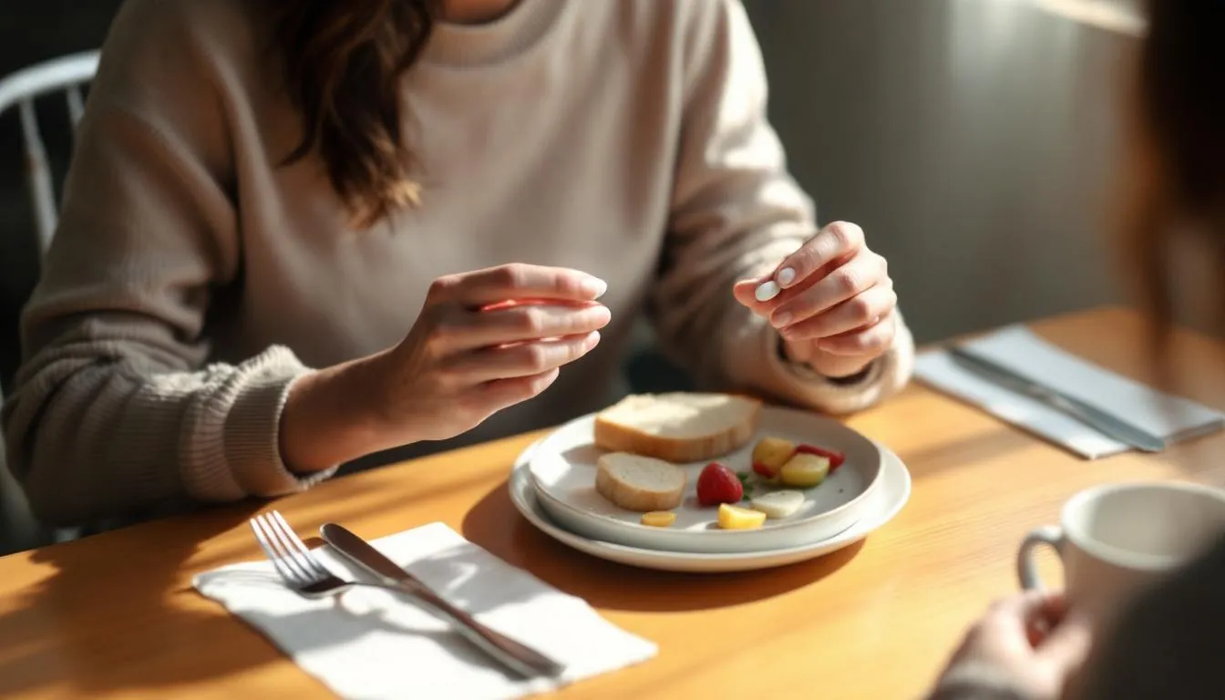 A person is seated at a table, drinking water while taking a magnesium supplement tablet alongside a plate of food. The scene highlights the importance of dietary supplements for maintaining good health and preventing low magnesium levels.