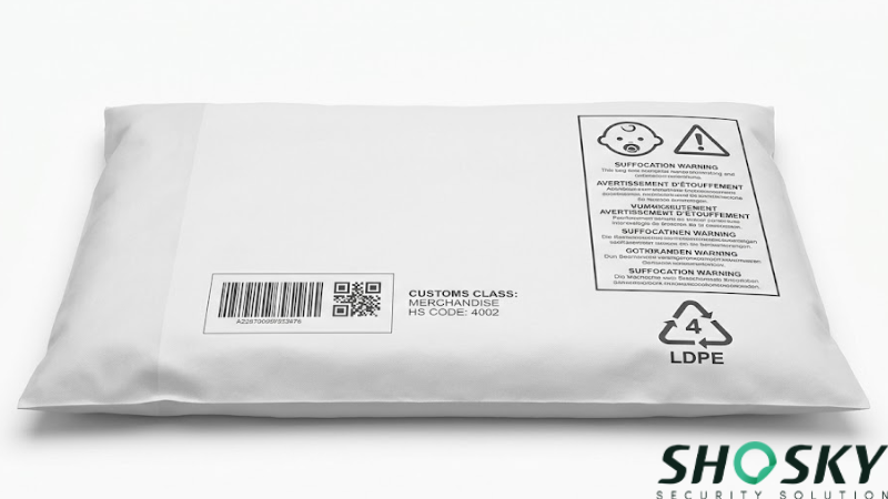 Envelope plástico branco para envio com avisos impressos sobre risco de sufocamento e códigos de envio.