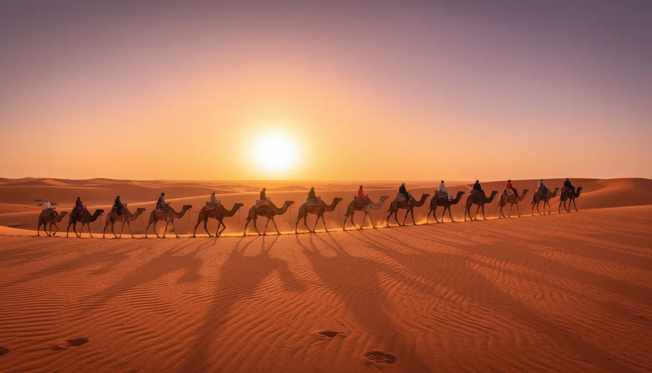 A camel caravan gracefully crosses the vibrant orange sand dunes of the Sahara Desert at sunset, casting dramatic shadows that enhance the breathtaking views. This scene captures the essence of a luxury desert camp experience, inviting you to imagine glamping in the Sahara amidst the stunning landscape.