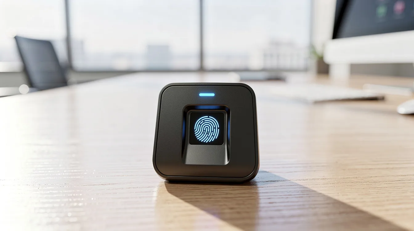 A close-up image of a digital fingerprint scanner is displayed on a desk in a bright office, highlighting the technology used for biometric enrolment in the UK visa and citizenship application process. The scanner is part of the UKVCAS service point, where applicants can attend for their biometric information submission and document scanning services.