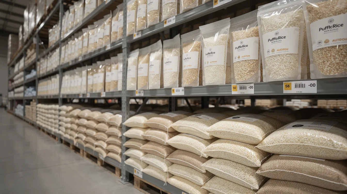 6c6d7a1d d890 43d7 8d54 8ea4c152b2bd The image showcases neatly stacked retail pouches and bulk sacks of puffed rice products on warehouse shelves, highlighting the organized layout of the puffed rice manufacturing industry. This display reflects the growing puffed rice market and the variety of nutritious snack foods available for consumers.