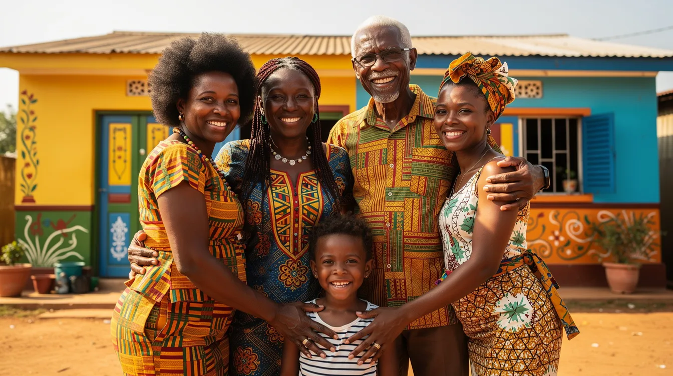 A joyful multigenerational Ghanaian family stands together outside their vibrant, colorful house, showcasing their strong bond and happiness. This image reflects the essence of family connections, much like how people send money to Ghana to support their loved ones.