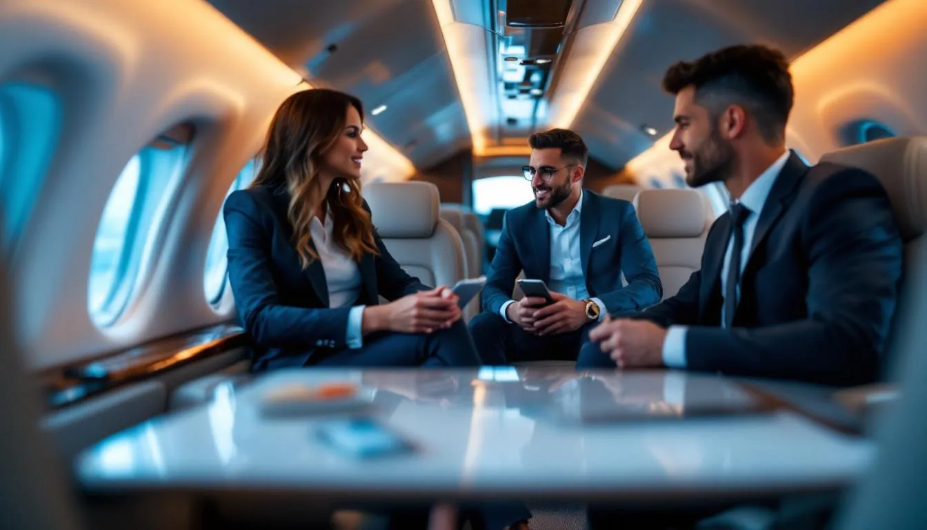 Business professionals discussing travel plans inside a private jet, representing business travel with Advent Jets.