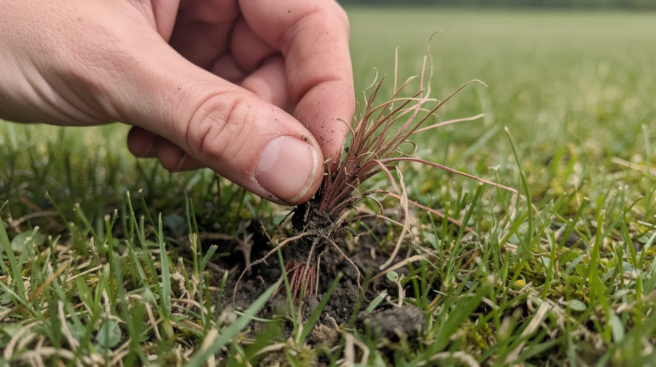 A close-up view shows a hand pulling a small tuft of brown grass from a lawn, revealing the roots beneath. This inspection highlights the presence of dead grass and the potential for recovery with proper lawn care and maintenance.