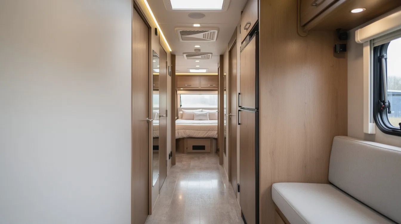The image depicts the interior of a long motorhome with multiple ceiling vents strategically spaced along the hallway, leading to a bedroom. These vents are part of a ducted air conditioning system designed to efficiently distribute cool air throughout the RV, ensuring a comfortable environment during travel in warmer climates.