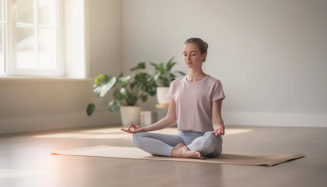 Une femme est assise en position de méditation ou de yoga dans un environnement calme, entourée de verdure. Cette scène apaisante évoque l'importance de la santé mentale et du bien-être, des éléments essentiels pour équilibrer les cycles menstruels et la vie quotidienne.