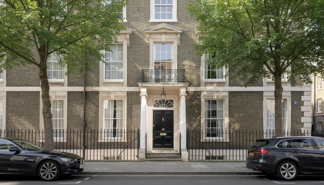 An elegant Georgian townhouse featuring intricate iron railings and large sash windows is set on a serene, tree-lined street in London. This high value property exemplifies classic architecture, reflecting the need for tailored cover through high net worth insurance to protect valuable items and ensure proper coverage for homeowners.