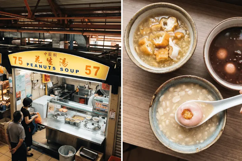 A split view showing the yellow sign of the 75 Peanuts Soup stall with a customer waiting, alongside an overhead view of peanut soup with a pink glutinous rice ball on a spoon, red bean soup, and a bowl of fried dough fritters in soup.