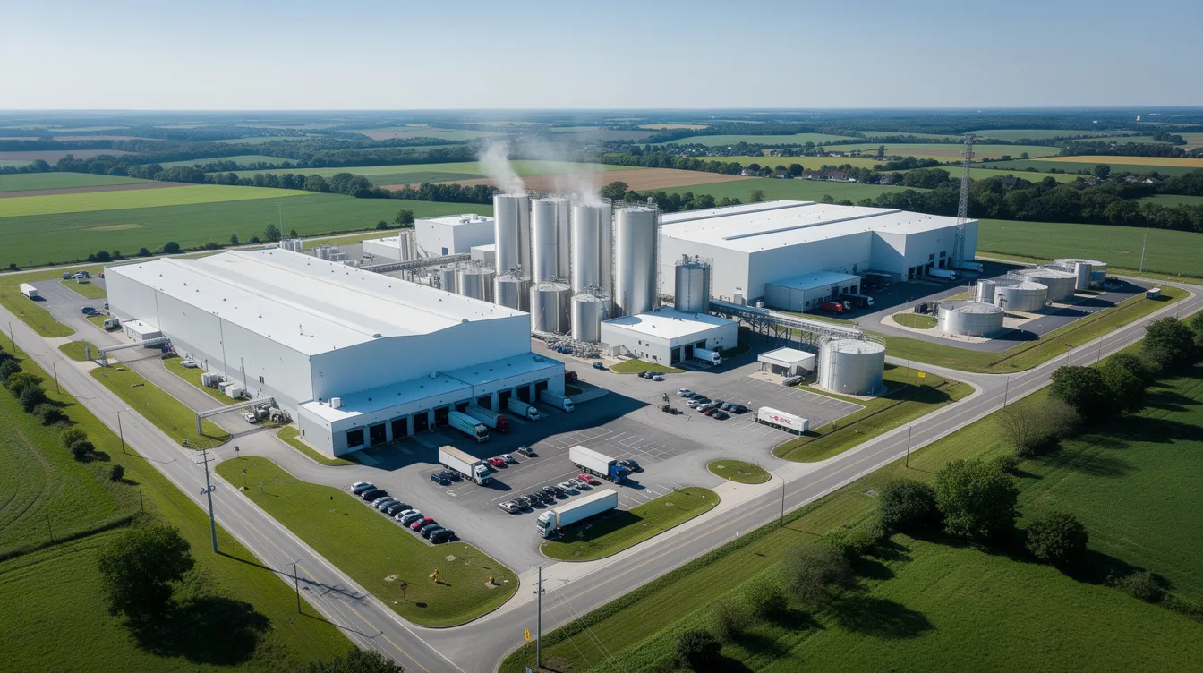 6c72deef 44bd 4bc5 8ef0 07bd822ef8d9 An aerial view showcases a large modern dairy processing plant featuring cooling towers and utility buildings, all set against a backdrop of lush green landscape. This facility is integral to the dairy industry, focusing on the production of high-quality milk powder through advanced processes like pasteurization and spray drying, ensuring consistent quality and nutritional value in the final product.