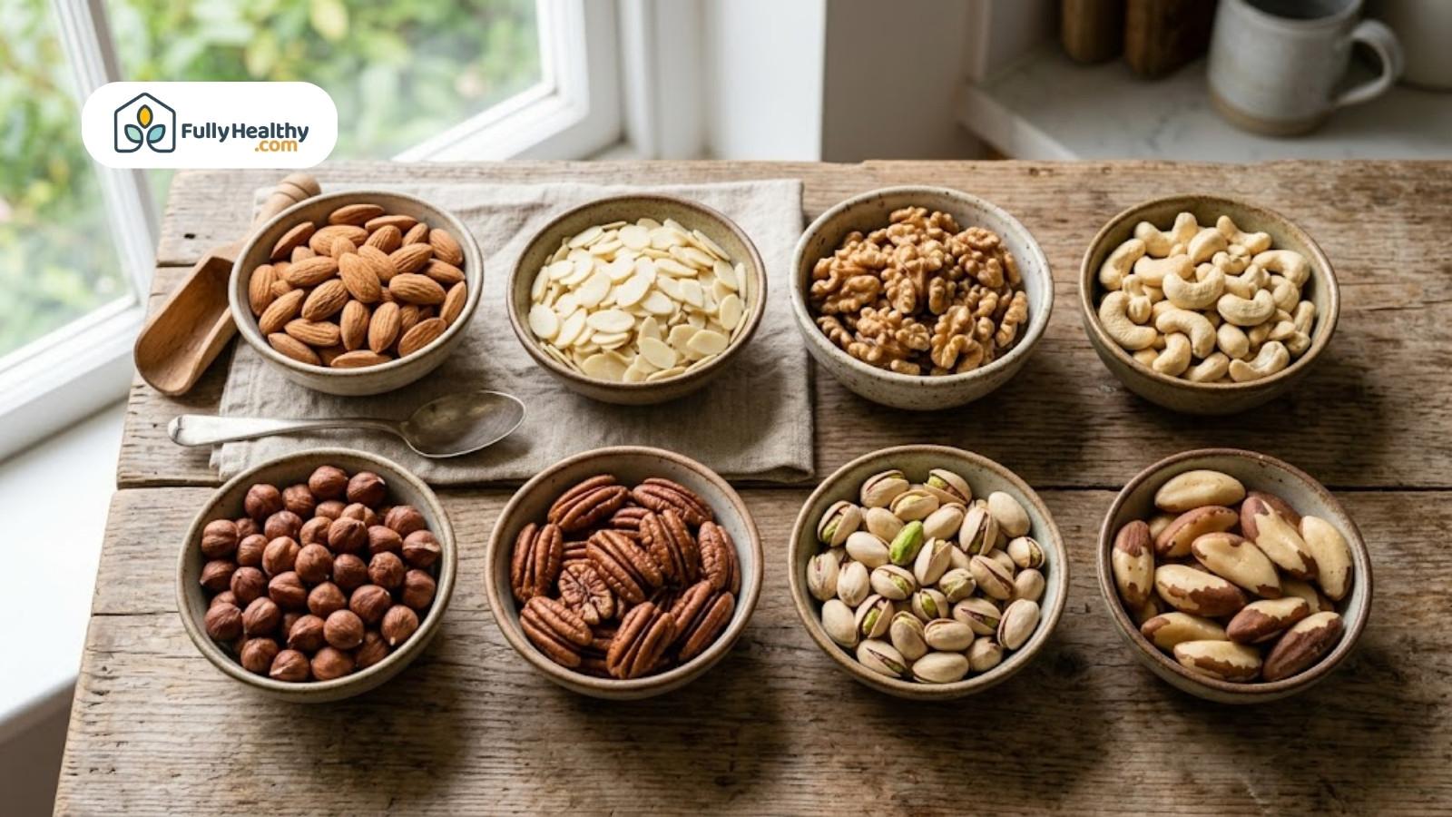 Assorted nuts in bowls arranged neatly on rustic wooden table