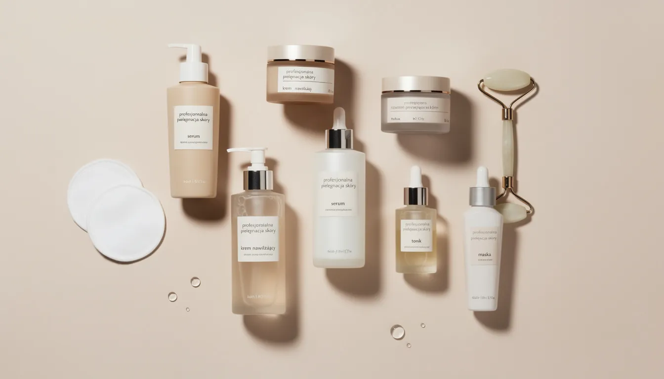 Na zdjęciu znajdują się elegancko ułożone profesjonalne kosmetyki do pielęgnacji skóry, które mogą wspierać proces odmłodzenia oraz liftingu twarzy. Kosmetyki te są idealne do stosowania w ramach odpowiedniej pielęgnacji po zabiegach medycyny estetycznej, zapewniając uczucie napięcia skóry i wygładzenie zmarszczek.
