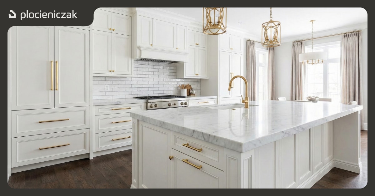 Złote uchwyty meblowe do białej kuchni w stylu glamour z marmurem.