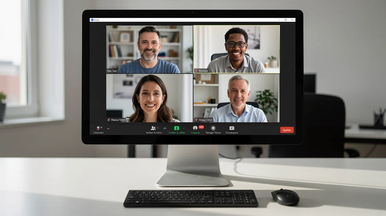 L'image montre un écran d'ordinateur affichant une réunion vidéo en cours, avec plusieurs visages de participants en grille, illustrant la collaboration au sein de l'équipe. Cela met en avant l'importance de la communication et de la gestion des conflits dans un contexte de travail.