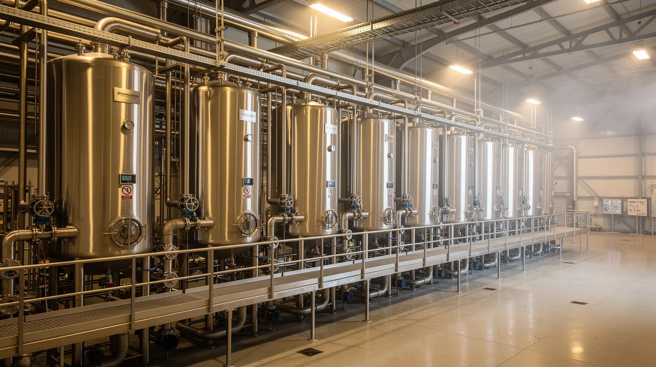 6c780446 8055 4349 a14e 8c6078a7bd5f The image showcases a large industrial ethanol distillery processing area, featuring towering stainless steel tanks and heat exchangers that are integral to the ethanol production process. The setup is designed for efficient alcohol production, with various systems in place for distillation and fermentation, highlighting the advanced technology used in grain-based distilleries.