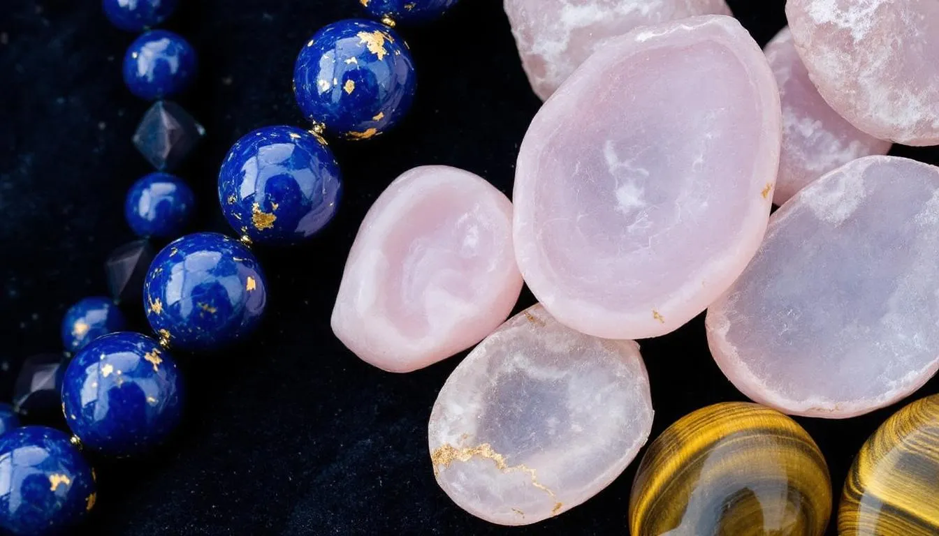 The image showcases a stunning collection of semi precious gemstone necklaces featuring a variety of vibrant colours, including amethyst, lapis lazuli, and onyx, all beautifully crafted with sterling silver chains. Each necklace highlights unique stone combinations, making them perfect for layering or as statement pieces in any jewellery collection.