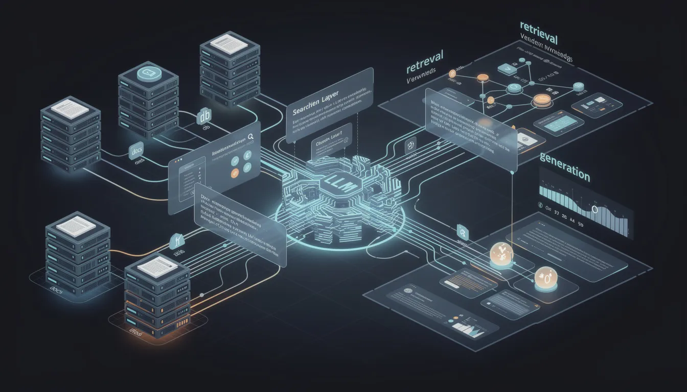 The image illustrates the concept of retrieval-augmented generation (RAG), showcasing how large language models (LLMs) can retrieve and integrate relevant information from external data sources to enhance response quality. It highlights the synergy between information retrieval and generative AI, emphasizing the model's ability to provide accurate and up-to-date answers to user queries.