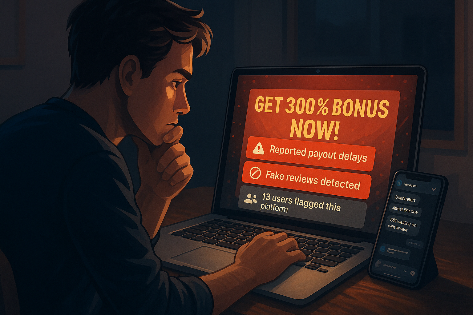 Semi-realistic digital illustration of a user at night comparing a flashy online betting offer with a scam warning alert on screen, surrounded by community messages.