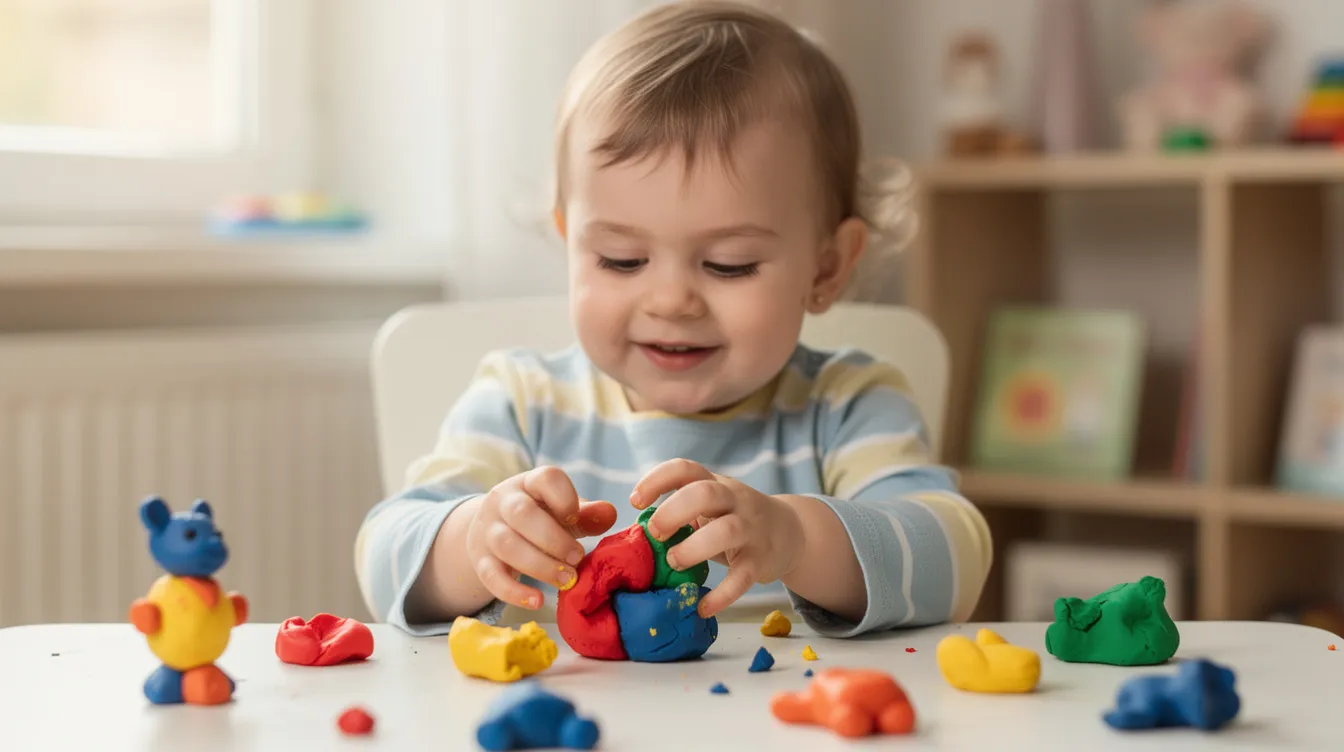 Na obrazku widzimy małe dziecko bawiące się kolorową masą plastyczną przy stoliku, co może wspierać rozwijanie umiejętności manualnych oraz koordynacji wzrokowo-ruchowej. Takie zajęcia rewalidacyjne pomagają w doskonaleniu umiejętności społecznych oraz w usprawnianiu motoryki małej.