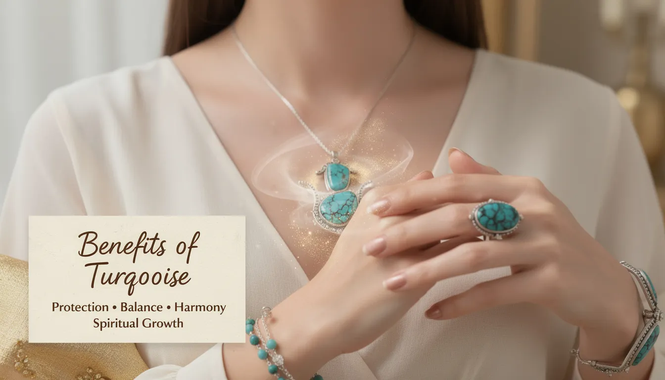 The image showcases a collection of beautiful turquoise jewellery, including necklaces, rings, and bracelets, all set in sterling silver. Each piece symbolizes balance and harmony, making them perfect gifts for special occasions.