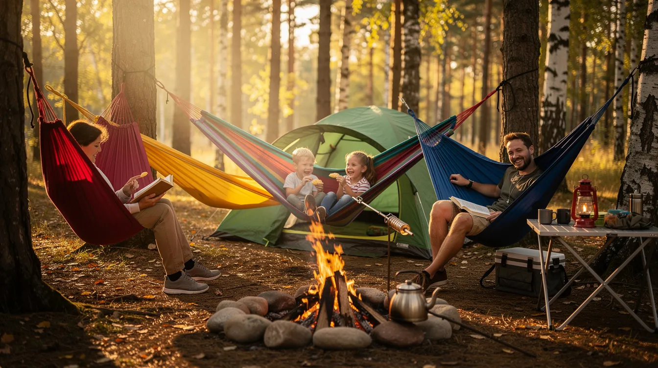 A vibrant family camping scene showcases multiple colorful hammocks strung between trees, creating a cozy outdoor space for relaxation. The hammocks, ideal for hammock camping, are equipped with durable hammock straps and a carry bag for easy setup, inviting everyone to enjoy a comfortable nap under the sun.