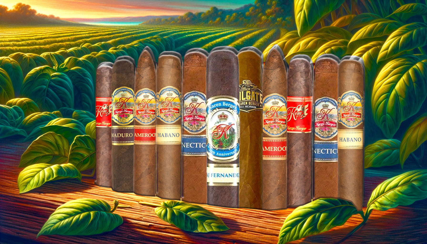 An artistic representation of the Karen Berger Habano Collection, displaying different cigar types.