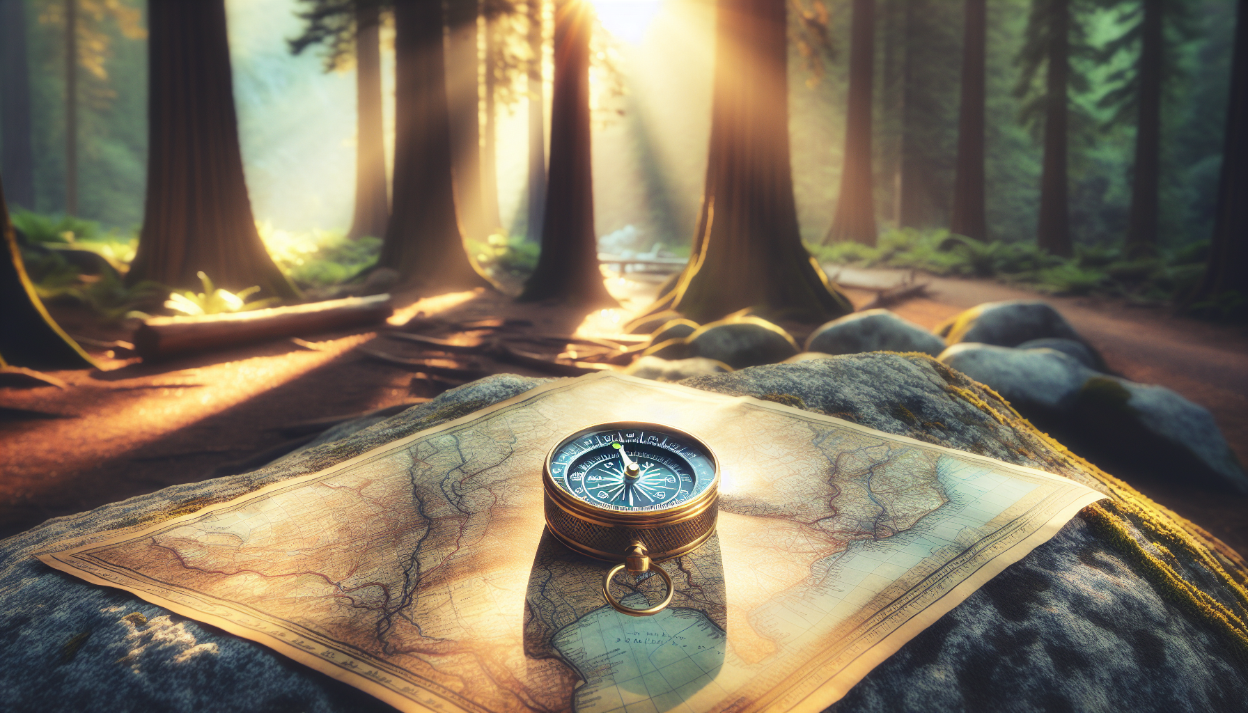 A map and compass on a rock, symbolizing navigation tools for solo hiking.