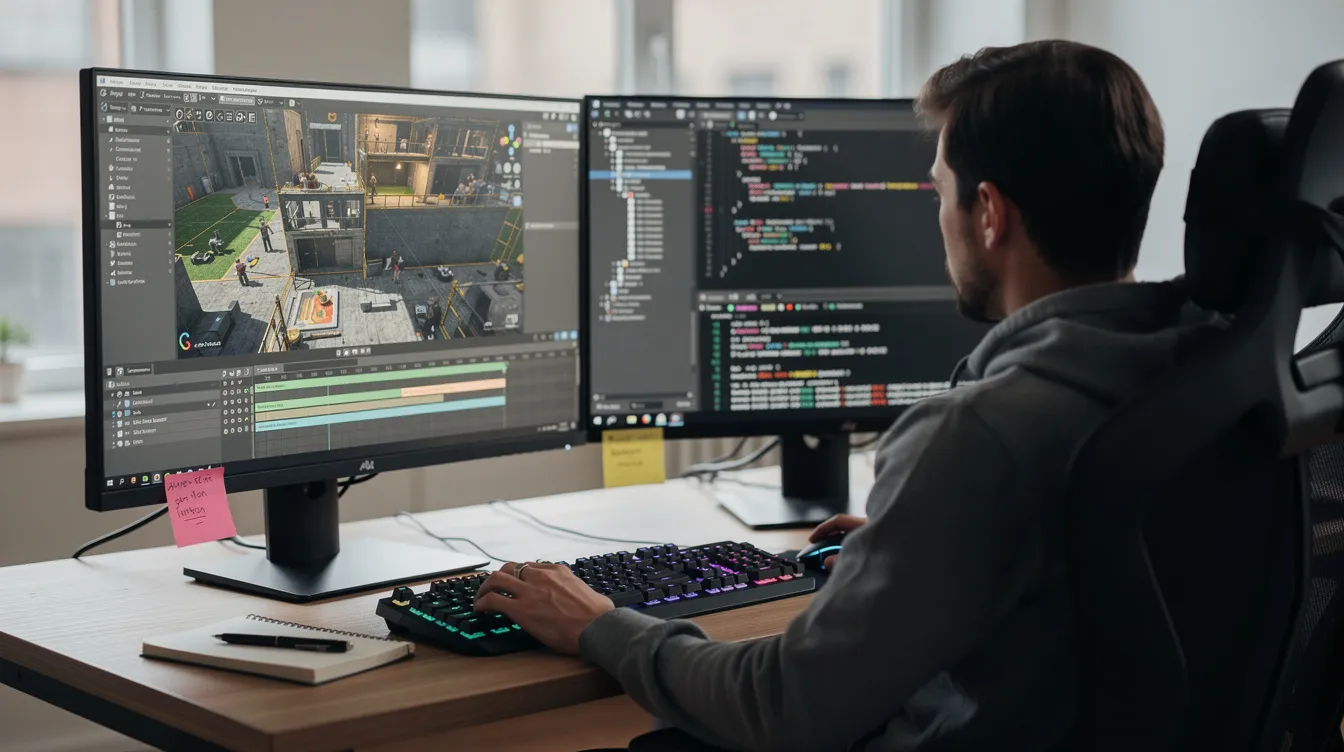 A developer is focused at a desk, working on dual monitors displaying a game engine editor and terminal windows, utilizing various ai coding tools for efficient code generation and project structure management. The scene illustrates the development process, highlighting the integration of coding assistants and ai features in software development tasks.