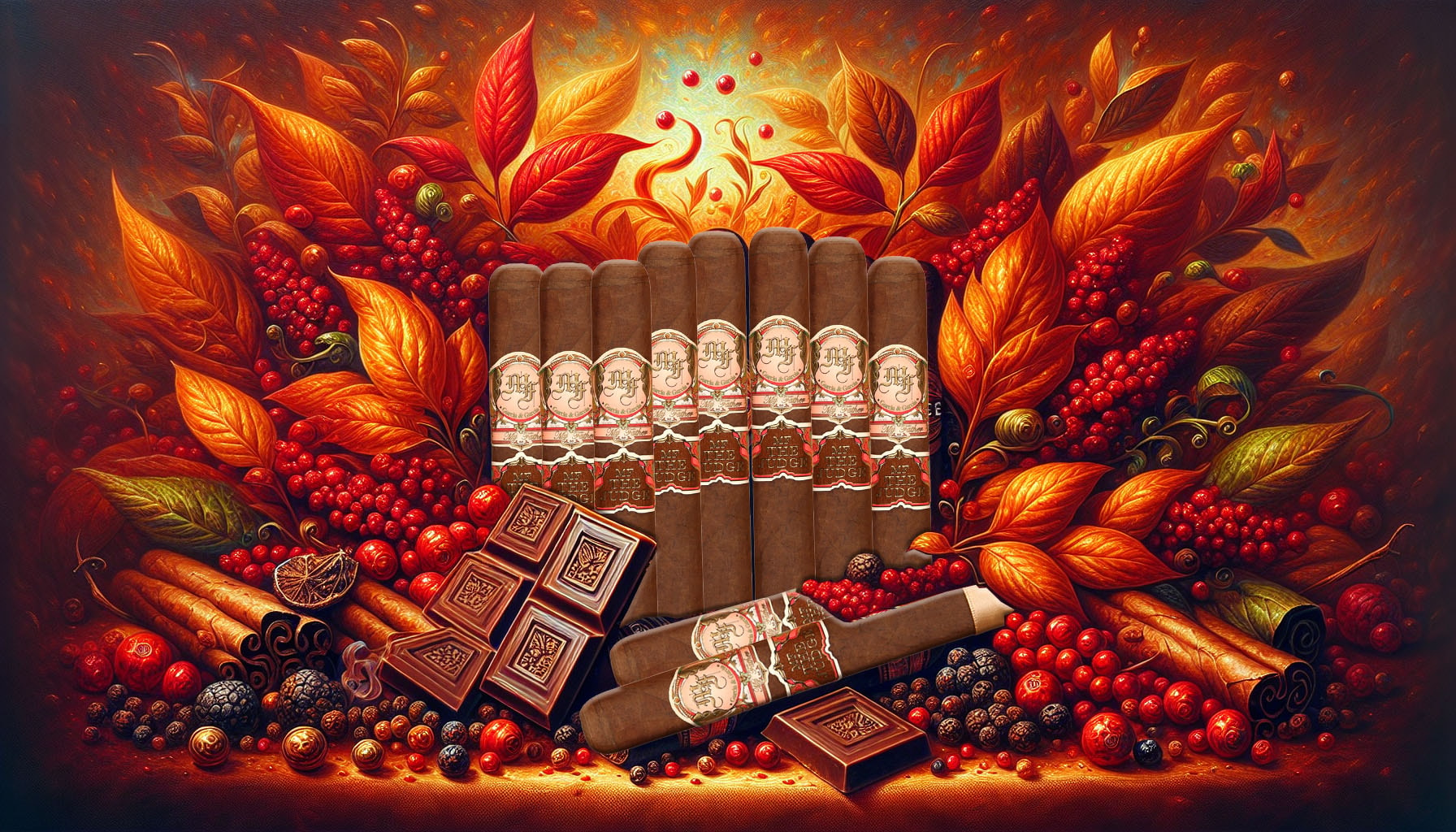 A vibrant illustration representing the bold flavors of The Judge cigars, including hints of spices and chocolate.