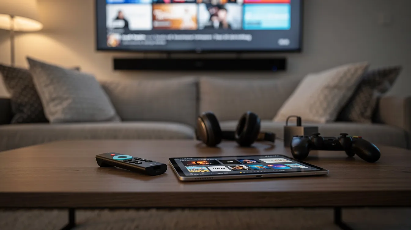 The image depicts a cozy home entertainment setup featuring a coffee table cluttered with a streaming stick remote, a tablet, and various devices, ideal for enjoying IPTV services. This arrangement suggests a convenient way to access live TV channels and on-demand content, enhancing the viewing experience for users looking for the best IPTV UK subscription.