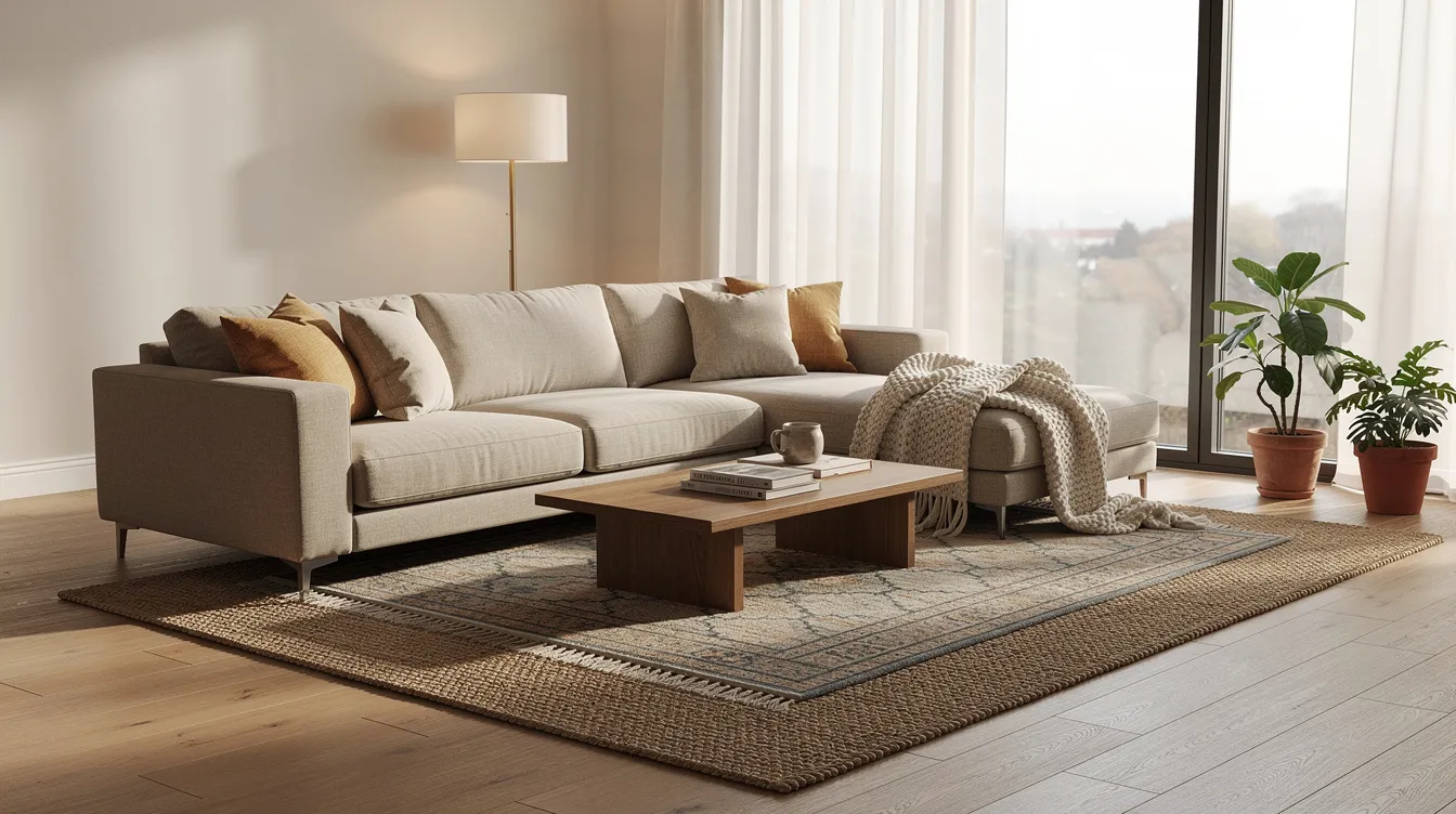 A cozy living room features a sectional sofa positioned near a window, allowing natural light to fill the space. Layered area rugs in soft textures and warm colors create a cohesive look, enhancing the comfort and style of the room, while a coffee table adds functionality to the inviting layout.