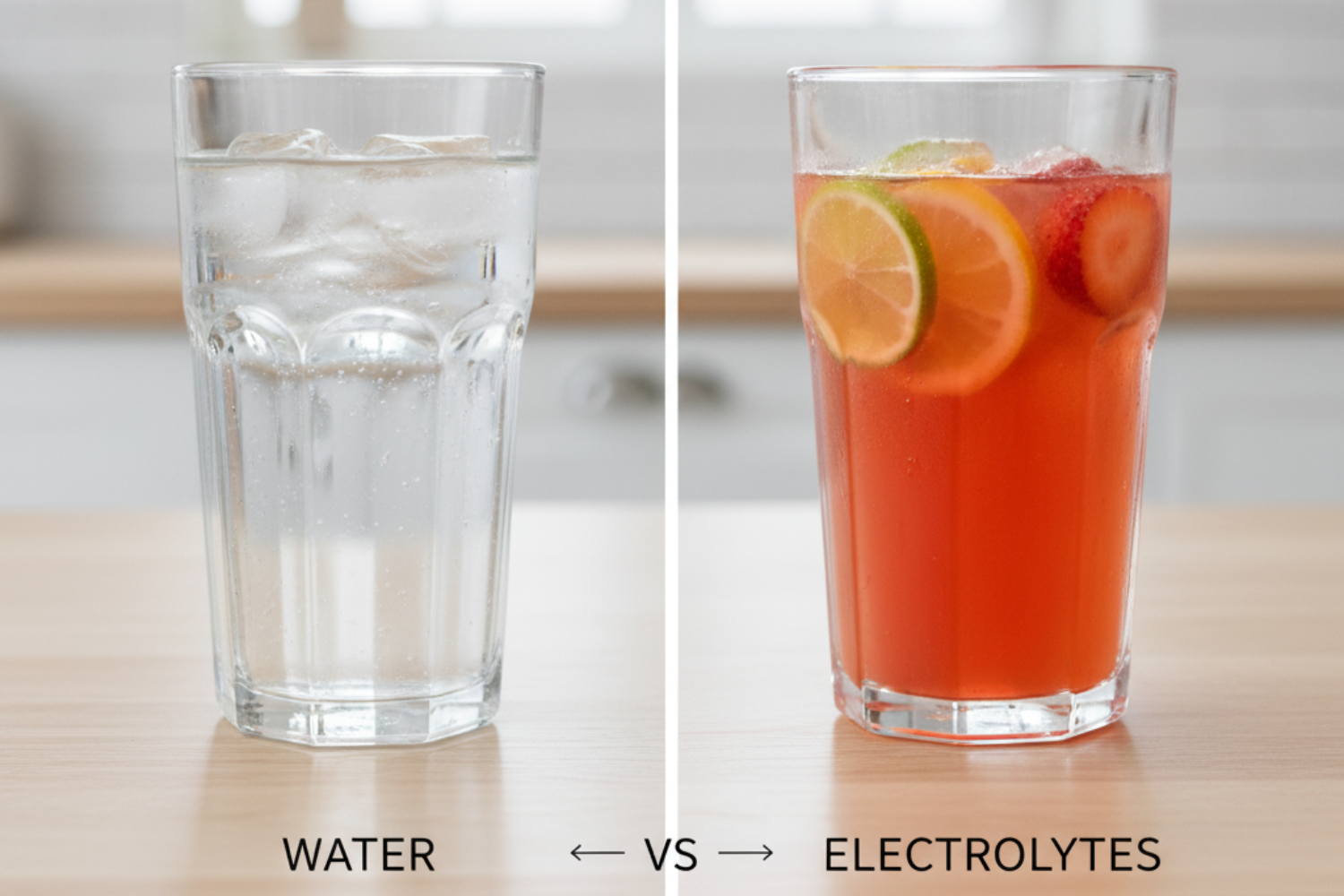 Glass of water and colorful drink with fruit slices.