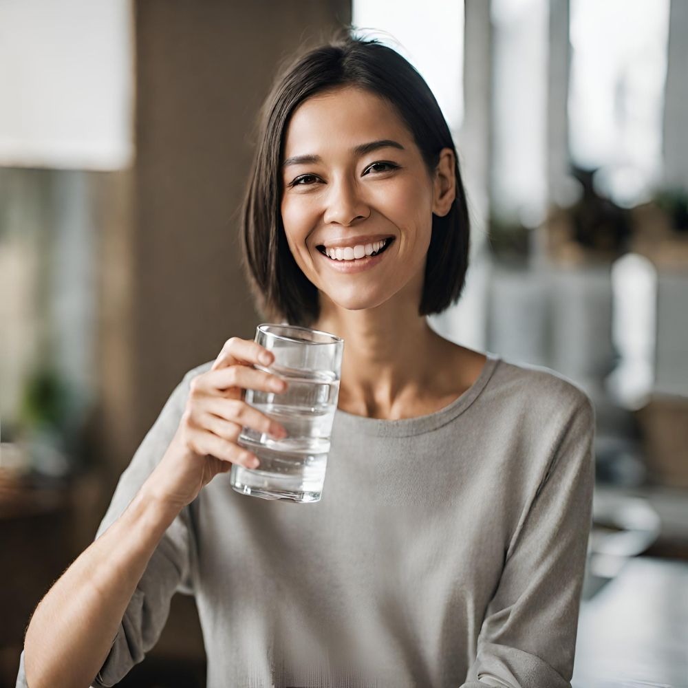 A woman holding a glass of water with a smile on her face, showing the benefits of Emma supplement for gut health.