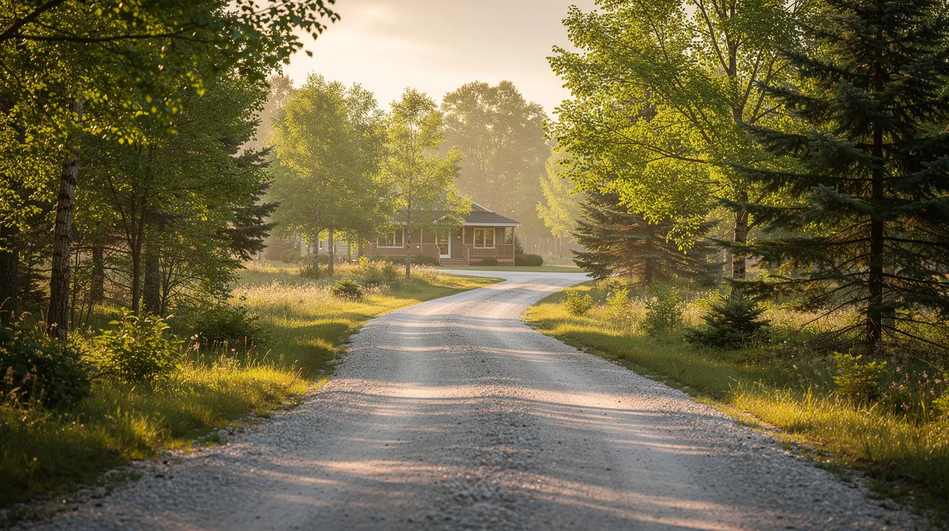 A winding gravel driveway, made of class 5 gravel, leads through a rural property flanked by trees, ultimately reaching a house in the background. The driveway's solid surface provides stability and visual appeal, making it a reliable choice for homeowners.