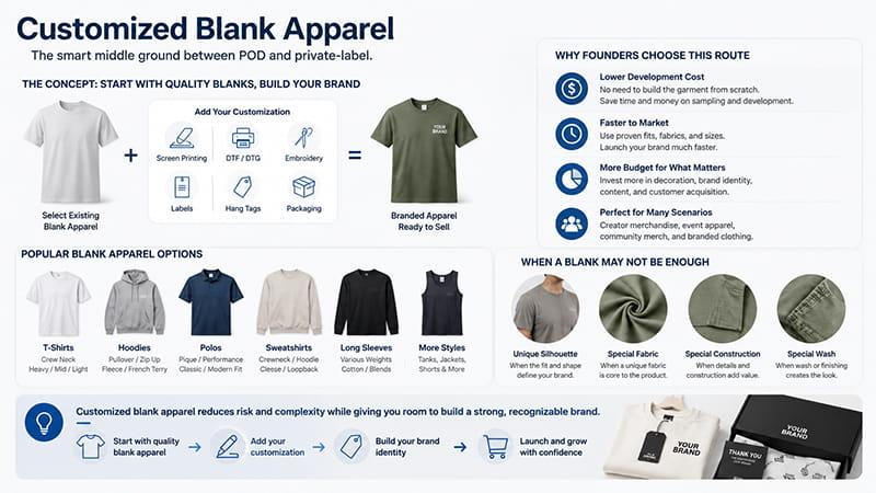 Customized blank apparel options using printing, embroidery, labels, hang tags, and branded packaging