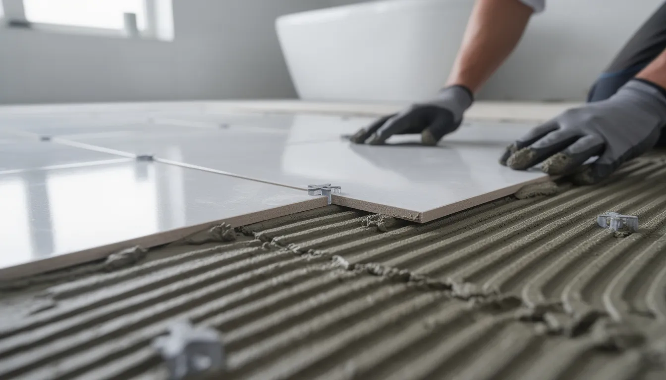 The image shows a close-up of ceramic tiles being installed in a small bathroom, highlighting the precision and care involved in a bathroom renovation project. This process is crucial for achieving a luxurious upgrade while managing the average bathroom renovation cost effectively.